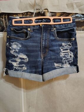 American Eagle Outfitters Dark Blue Distressed Rolled-Hem Jean Shorts